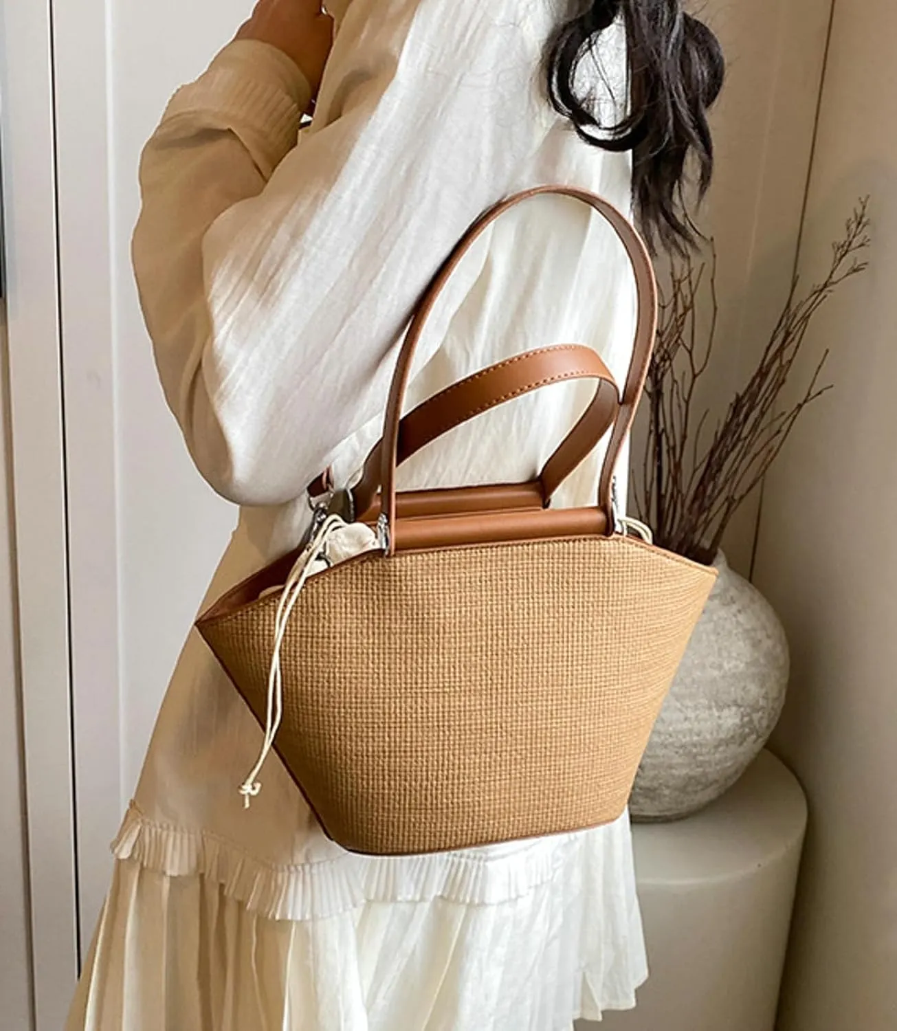 Tote Handbag Women Satchel Shoulder Bag Summer Purse Beach Travel Drawstring Closure Lining Bucket Work Vacation