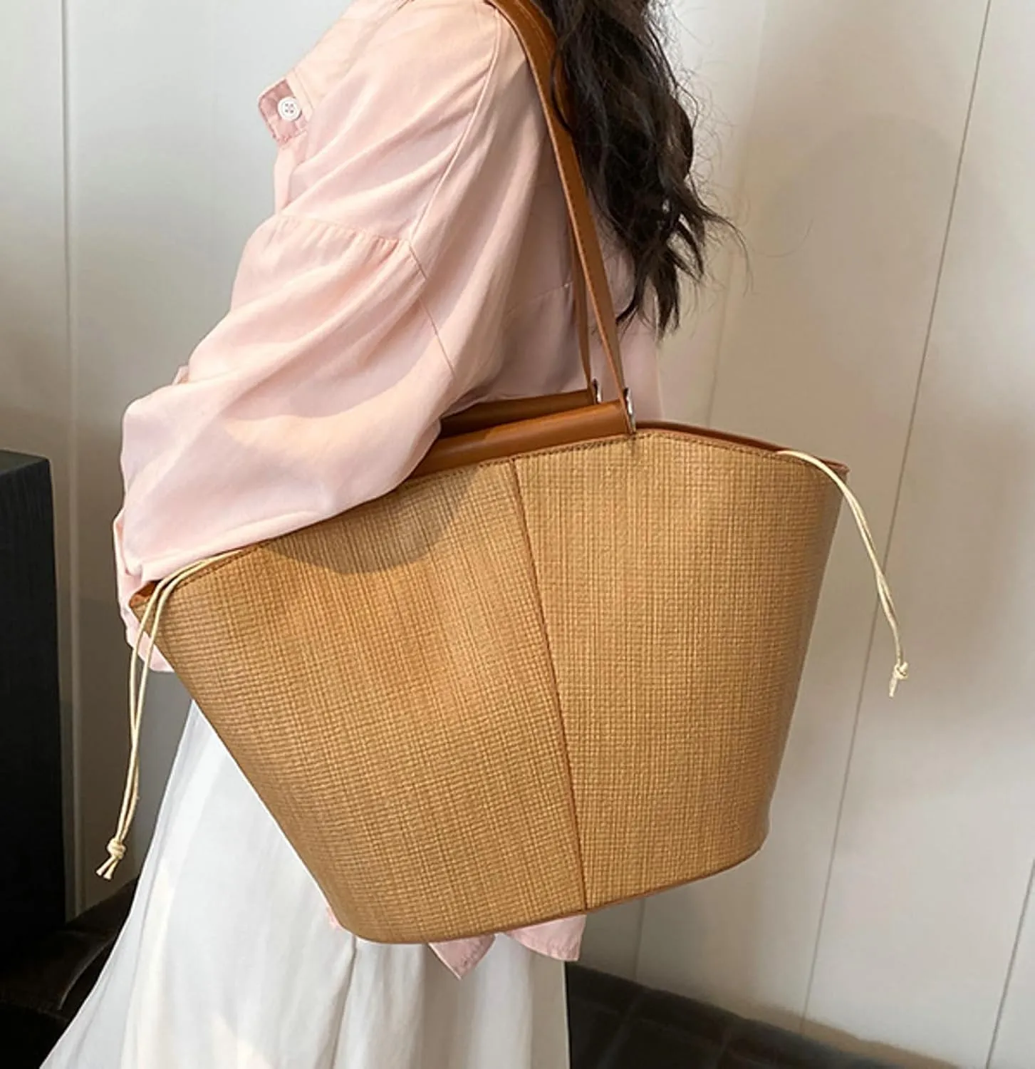 Tote Handbag Women Satchel Shoulder Bag Summer Purse Beach Travel Drawstring Closure Lining Bucket Work Vacation