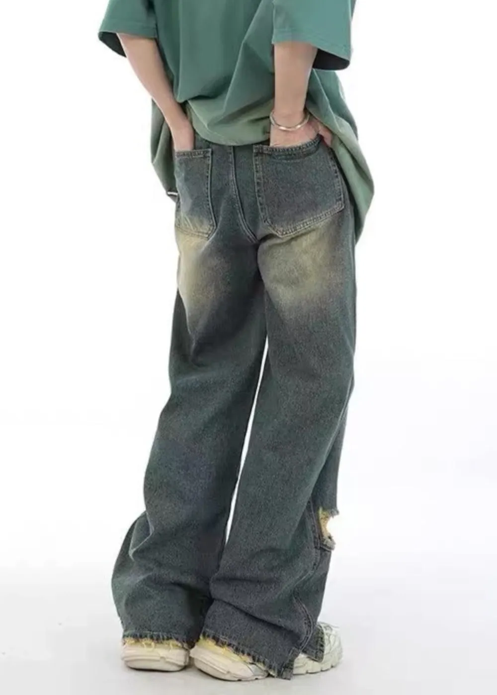 Unique Denim Blue Pockets Patchwork Hole Men Pants SA022