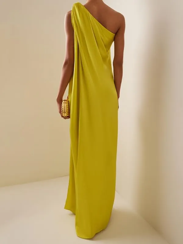 UOOZEE Women's Ruched One Shoulder Slit Maxi Dresses Formal Wedding Guest Cocktail Summer Sleeveless Dress