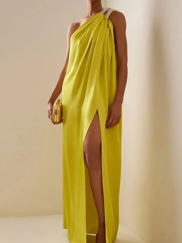 UOOZEE Women's Ruched One Shoulder Slit Maxi Dresses Formal Wedding Guest Cocktail Summer Sleeveless Dress
