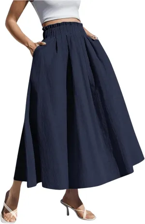 Verdusa Women's Paperbag Waist A Line Flowy Long Maxi Skirts with Pockets