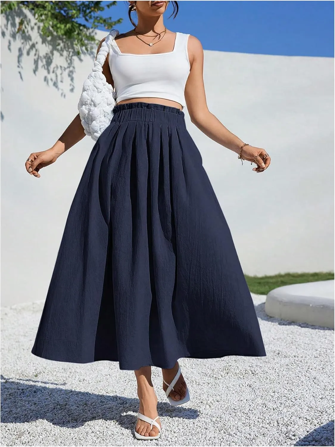 Verdusa Women's Paperbag Waist A Line Flowy Long Maxi Skirts with Pockets