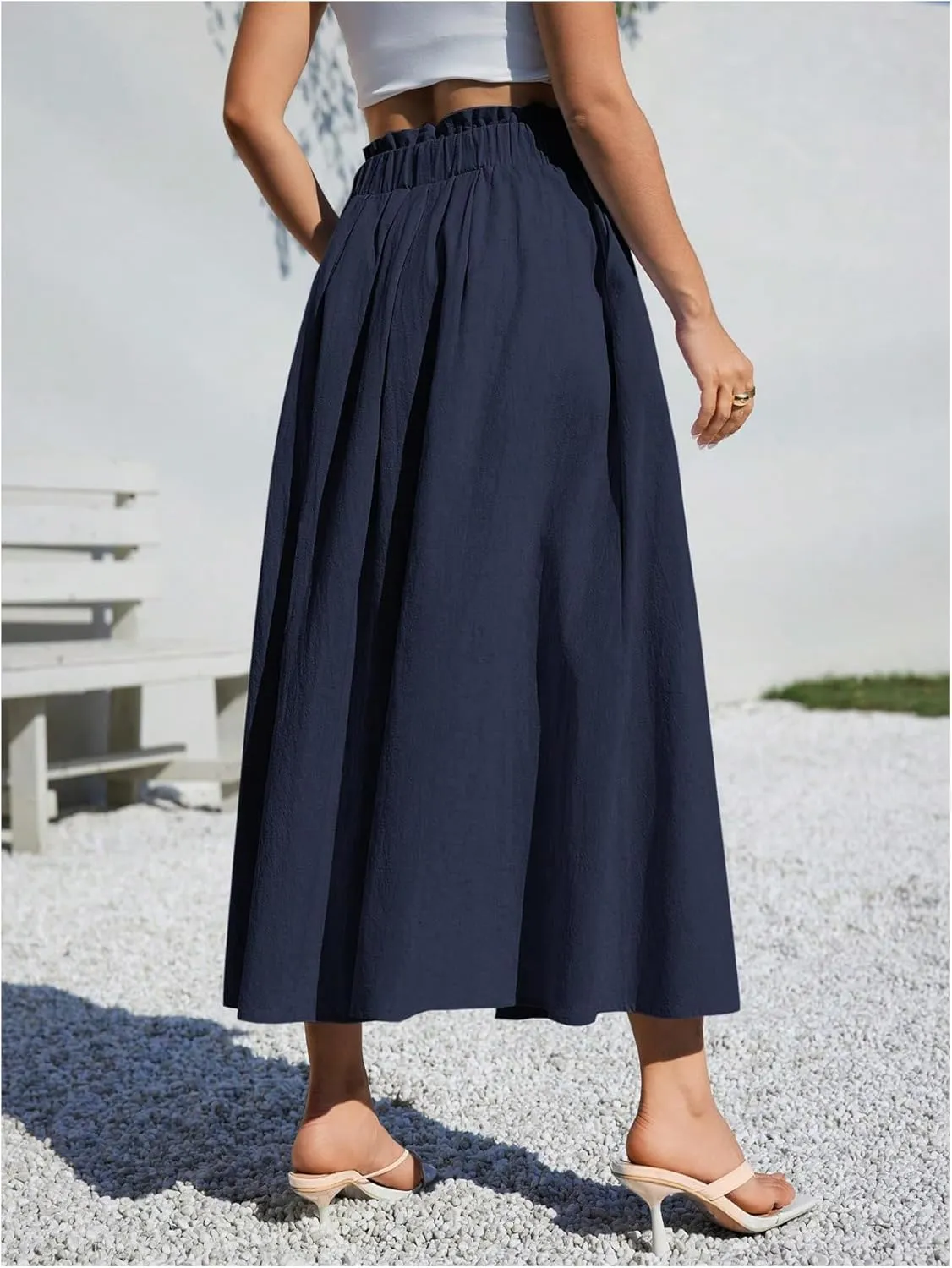 Verdusa Women's Paperbag Waist A Line Flowy Long Maxi Skirts with Pockets
