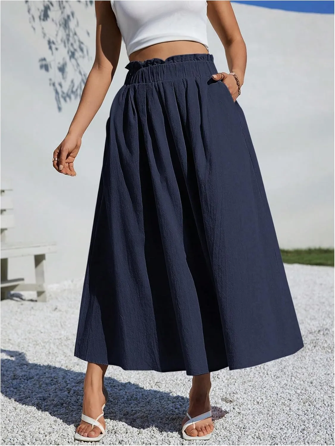Verdusa Women's Paperbag Waist A Line Flowy Long Maxi Skirts with Pockets