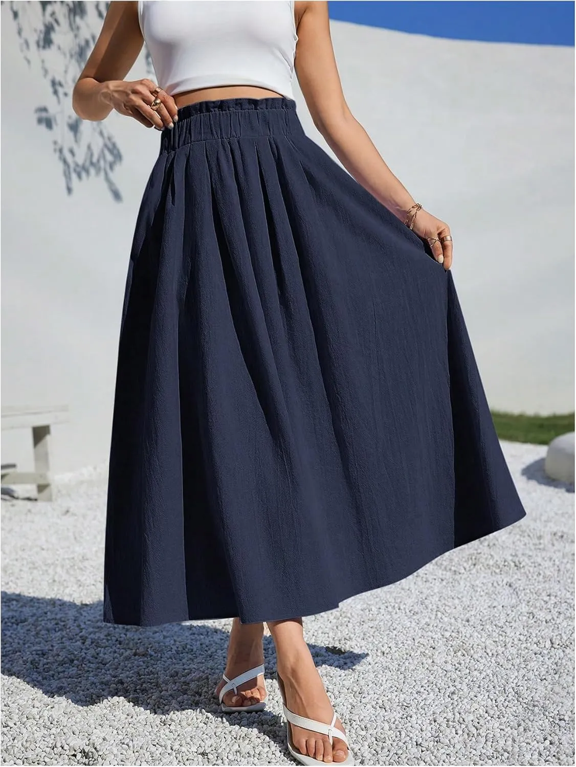 Verdusa Women's Paperbag Waist A Line Flowy Long Maxi Skirts with Pockets