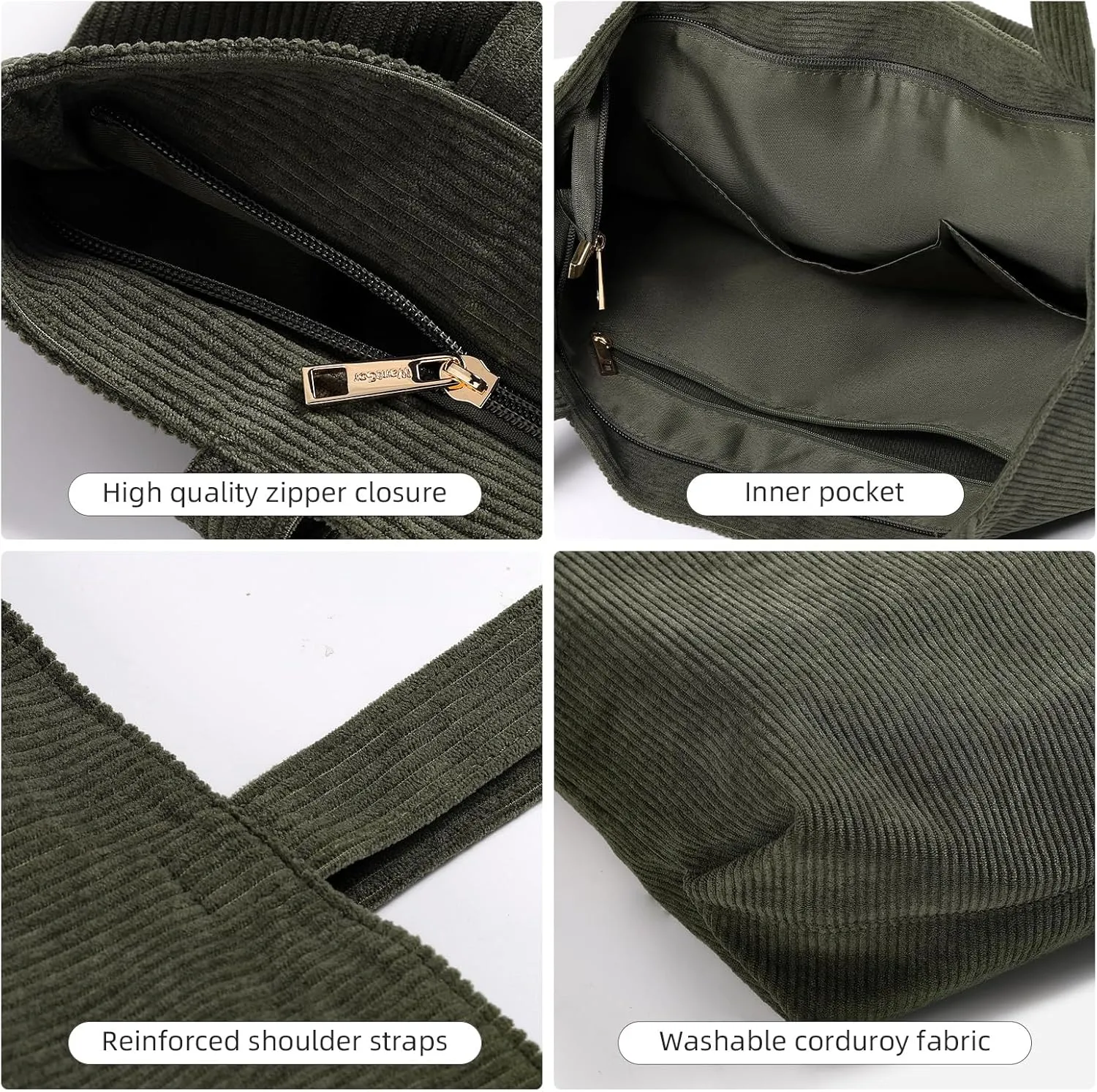 WantGor Women Corduroy Tote Bag, Large Shoulder Hobo Bags Casual Zipper Handbags Work Travel Shopping Bag with Pockets