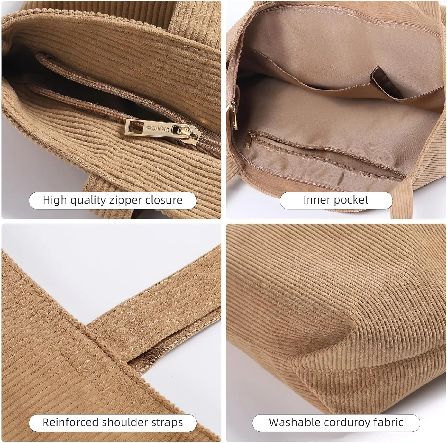 WantGor Women Corduroy Tote Bag, Large Shoulder Hobo Bags Casual Zipper Handbags Work Travel Shopping Bag with Pockets
