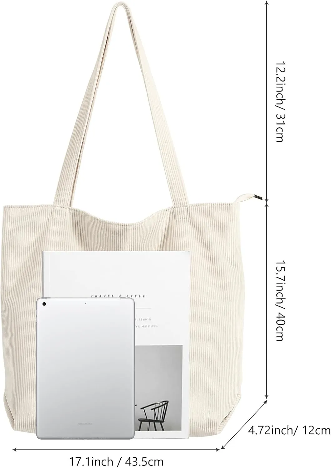 WantGor Women Corduroy Tote Bag, Large Shoulder Hobo Bags Casual Zipper Handbags Work Travel Shopping Bag with Pockets