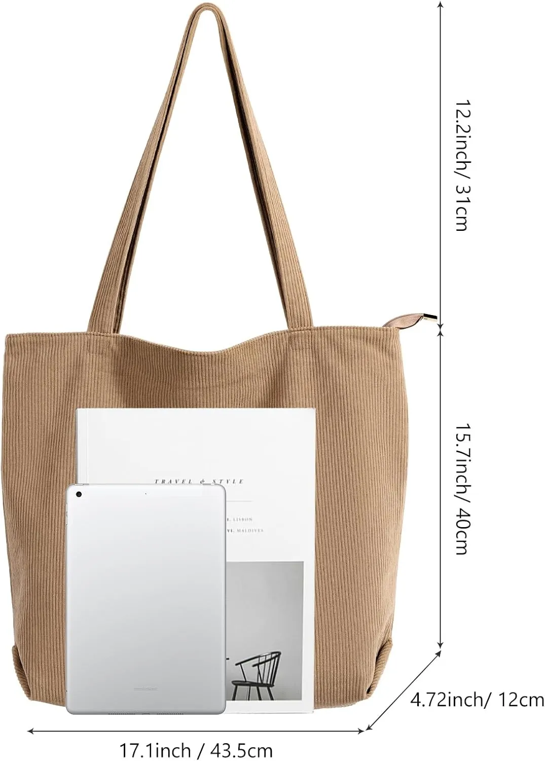 WantGor Women Corduroy Tote Bag, Large Shoulder Hobo Bags Casual Zipper Handbags Work Travel Shopping Bag with Pockets