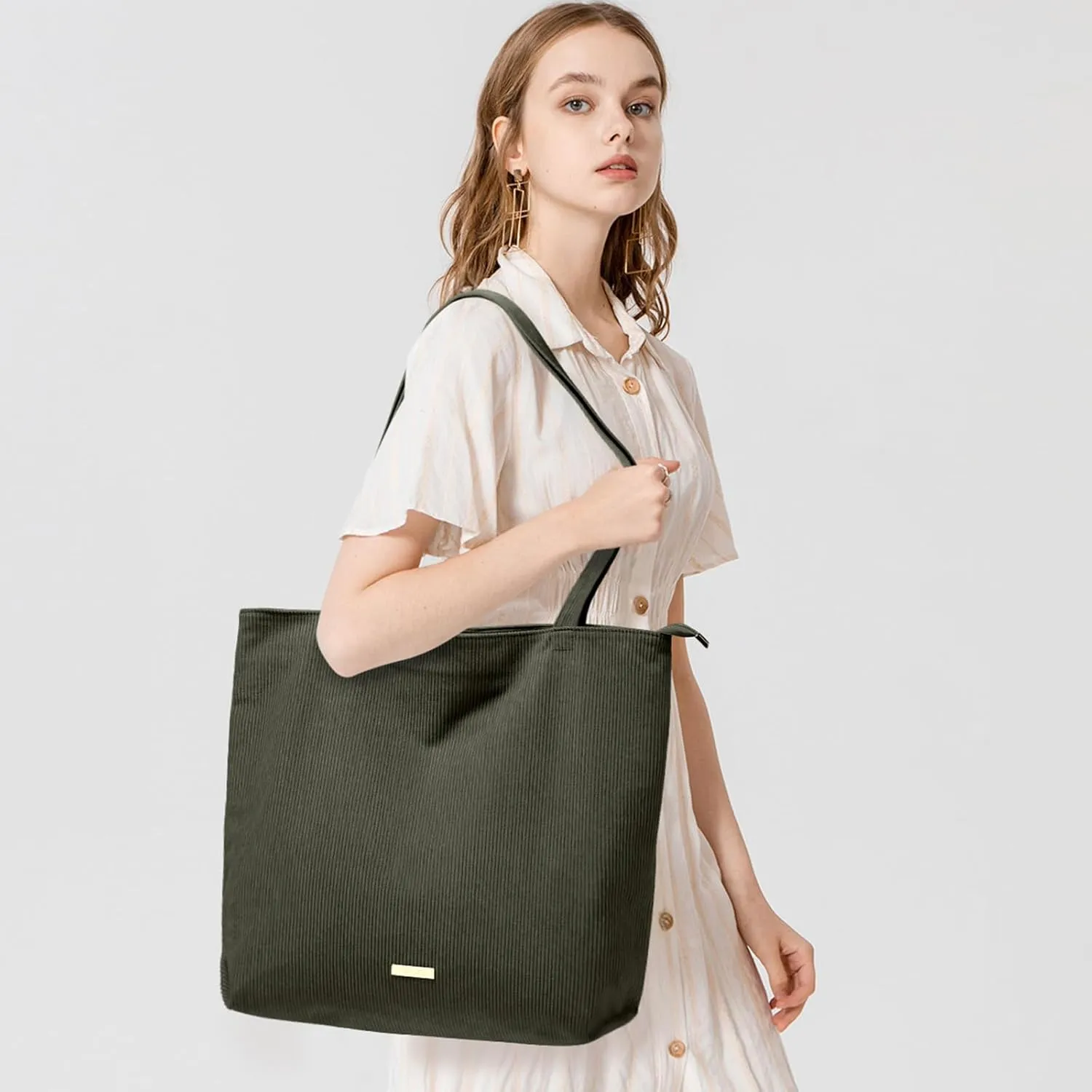 WantGor Women Corduroy Tote Bag, Large Shoulder Hobo Bags Casual Zipper Handbags Work Travel Shopping Bag with Pockets