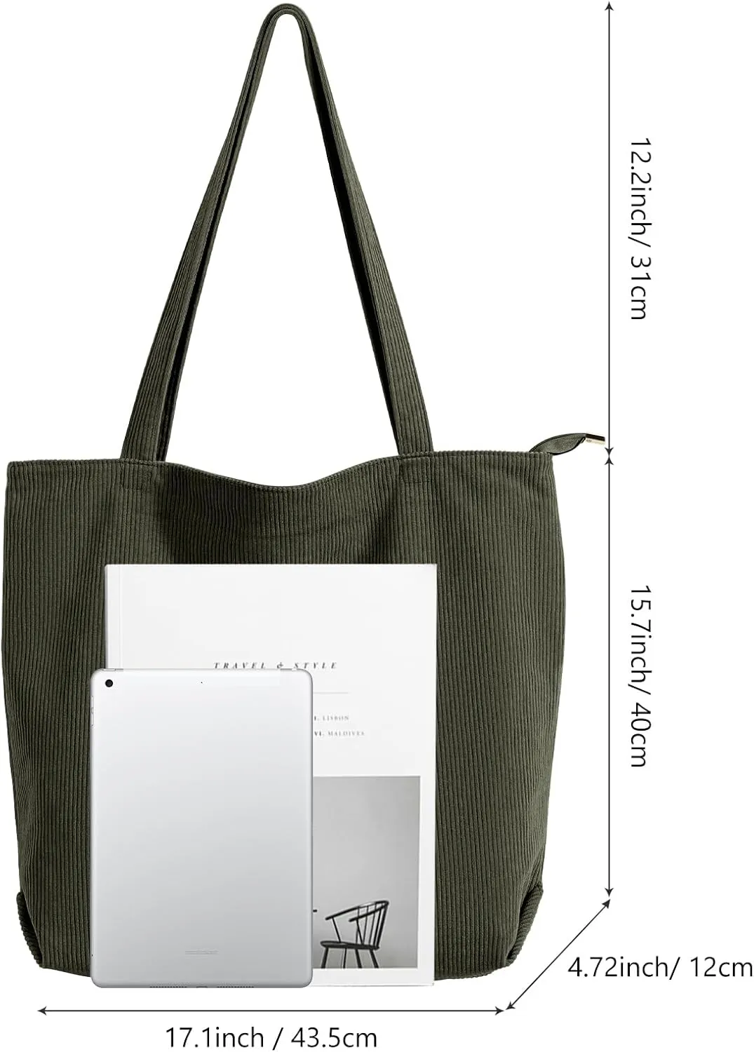 WantGor Women Corduroy Tote Bag, Large Shoulder Hobo Bags Casual Zipper Handbags Work Travel Shopping Bag with Pockets