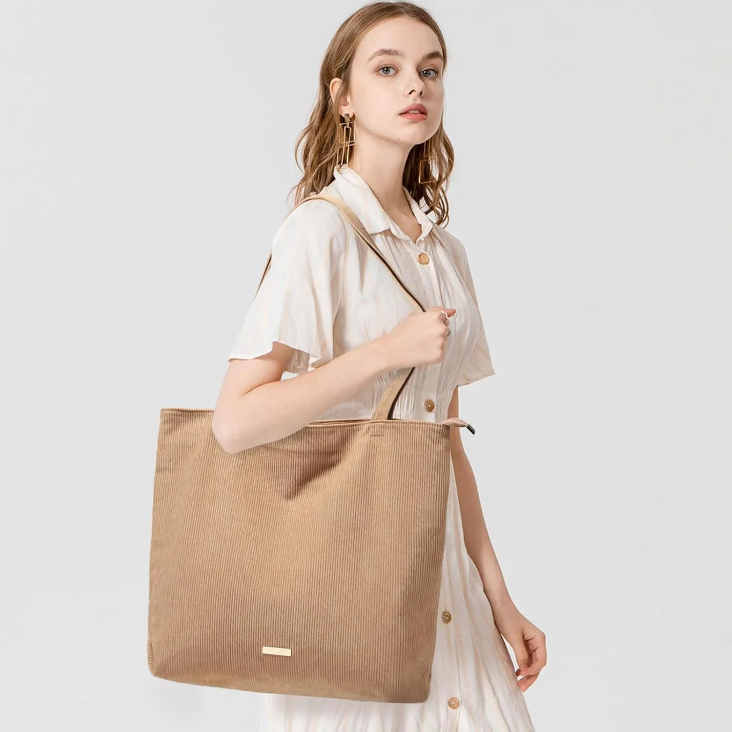 WantGor Women Corduroy Tote Bag, Large Shoulder Hobo Bags Casual Zipper Handbags Work Travel Shopping Bag with Pockets