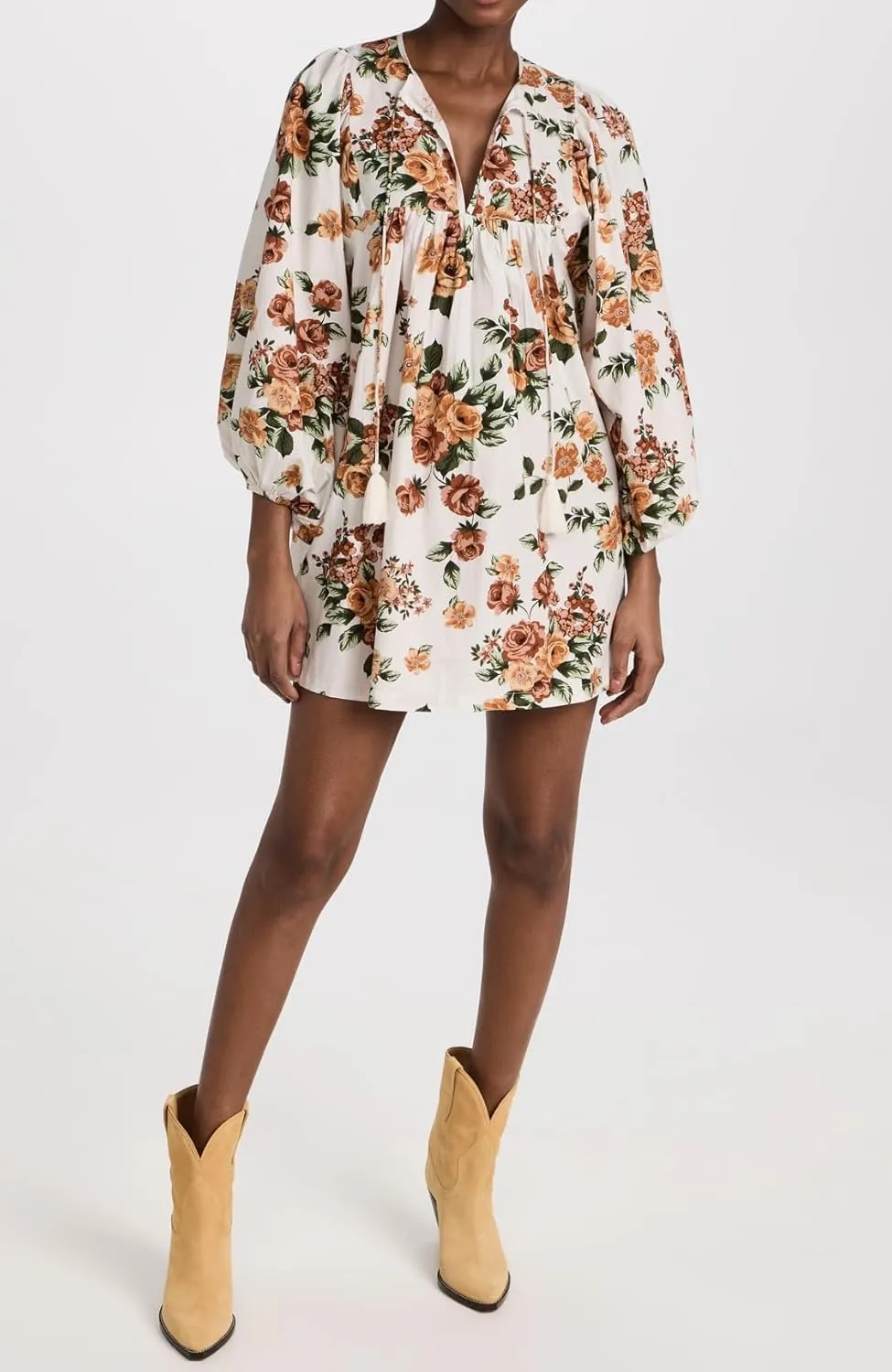 Women Boho Babydoll Short Dress Vintage Floral V Neck Mini Shirt Dress Bohemian Puff Sleeve Flowy Summer Sundress