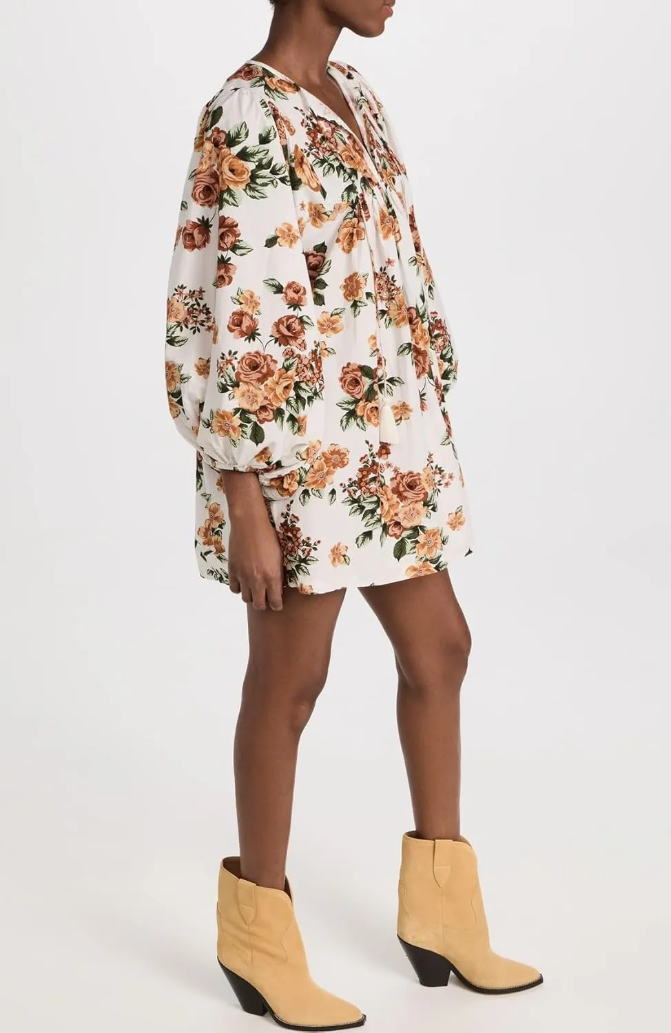 Women Boho Babydoll Short Dress Vintage Floral V Neck Mini Shirt Dress Bohemian Puff Sleeve Flowy Summer Sundress