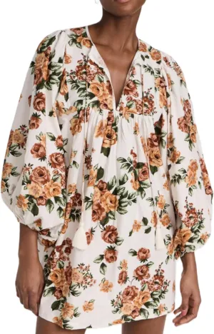 Women Boho Babydoll Short Dress Vintage Floral V Neck Mini Shirt Dress Bohemian Puff Sleeve Flowy Summer Sundress