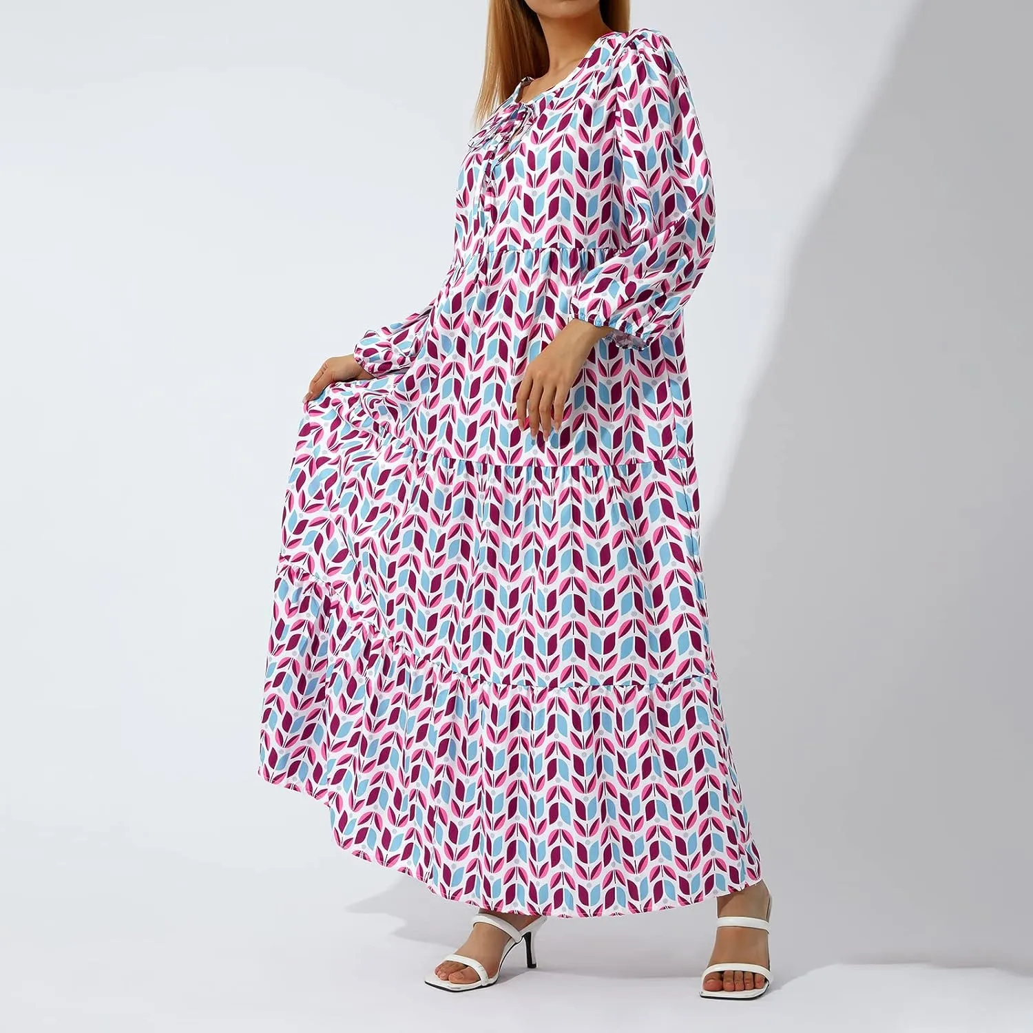 Women Boho Embroidery Maxi Dress Floral Flowy Tiered Long Dress with Puff Sleeve V Neck Swing Casual Sundress