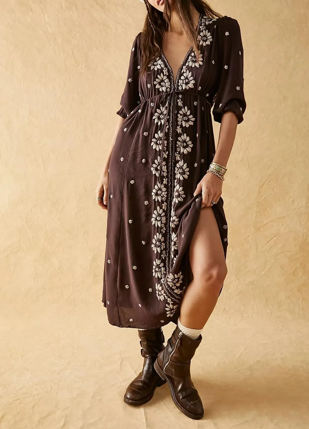 Women Boho Embroidery Maxi Dress Floral Flowy Tiered Long Dress with Puff Sleeve V Neck Swing Casual Sundress