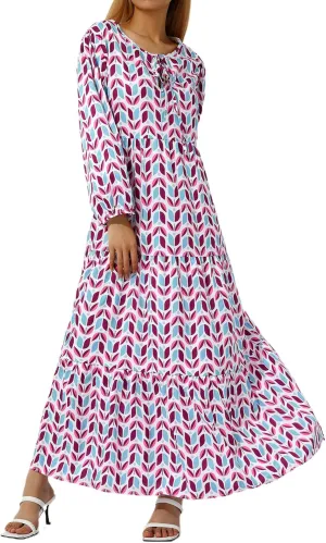 Women Boho Embroidery Maxi Dress Floral Flowy Tiered Long Dress with Puff Sleeve V Neck Swing Casual Sundress