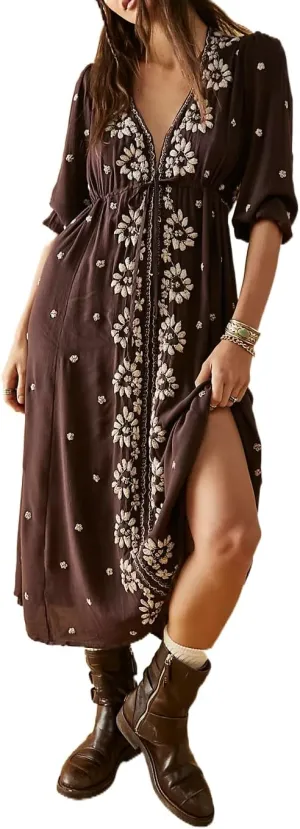 Women Boho Embroidery Maxi Dress Floral Flowy Tiered Long Dress with Puff Sleeve V Neck Swing Casual Sundress