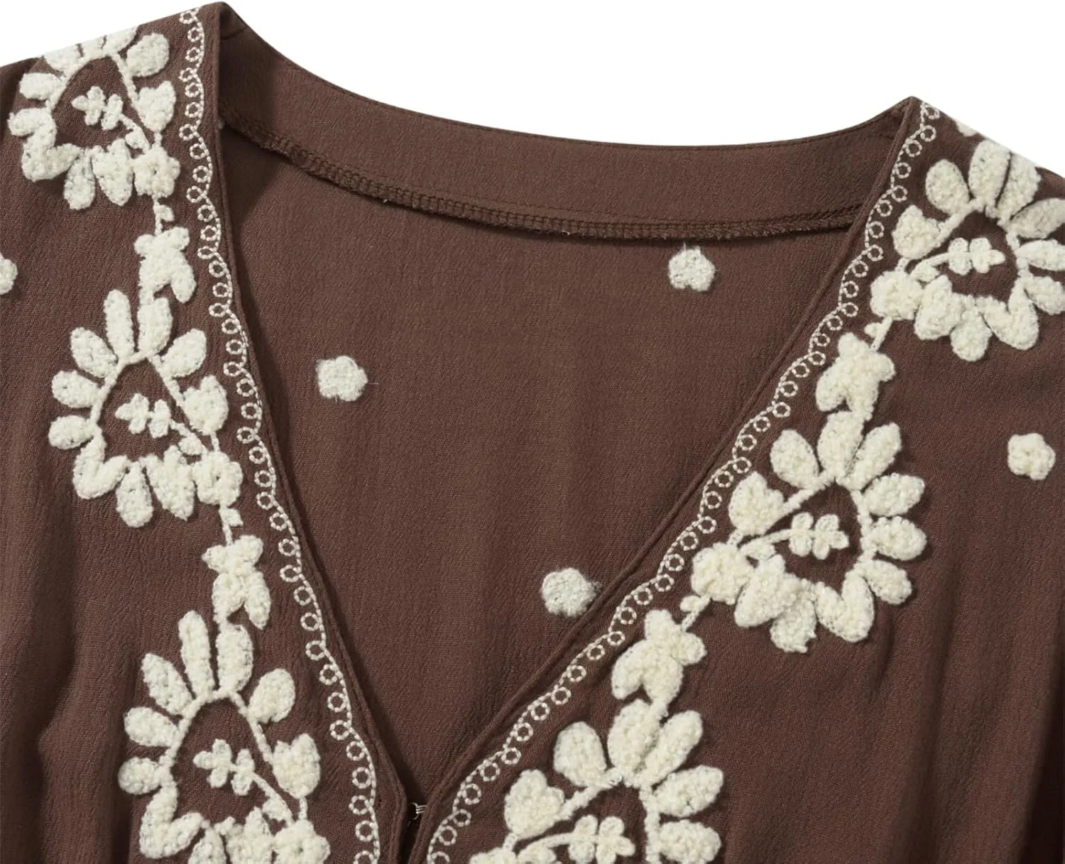 Women Boho Embroidery Maxi Dress Floral Flowy Tiered Long Dress with Puff Sleeve V Neck Swing Casual Sundress