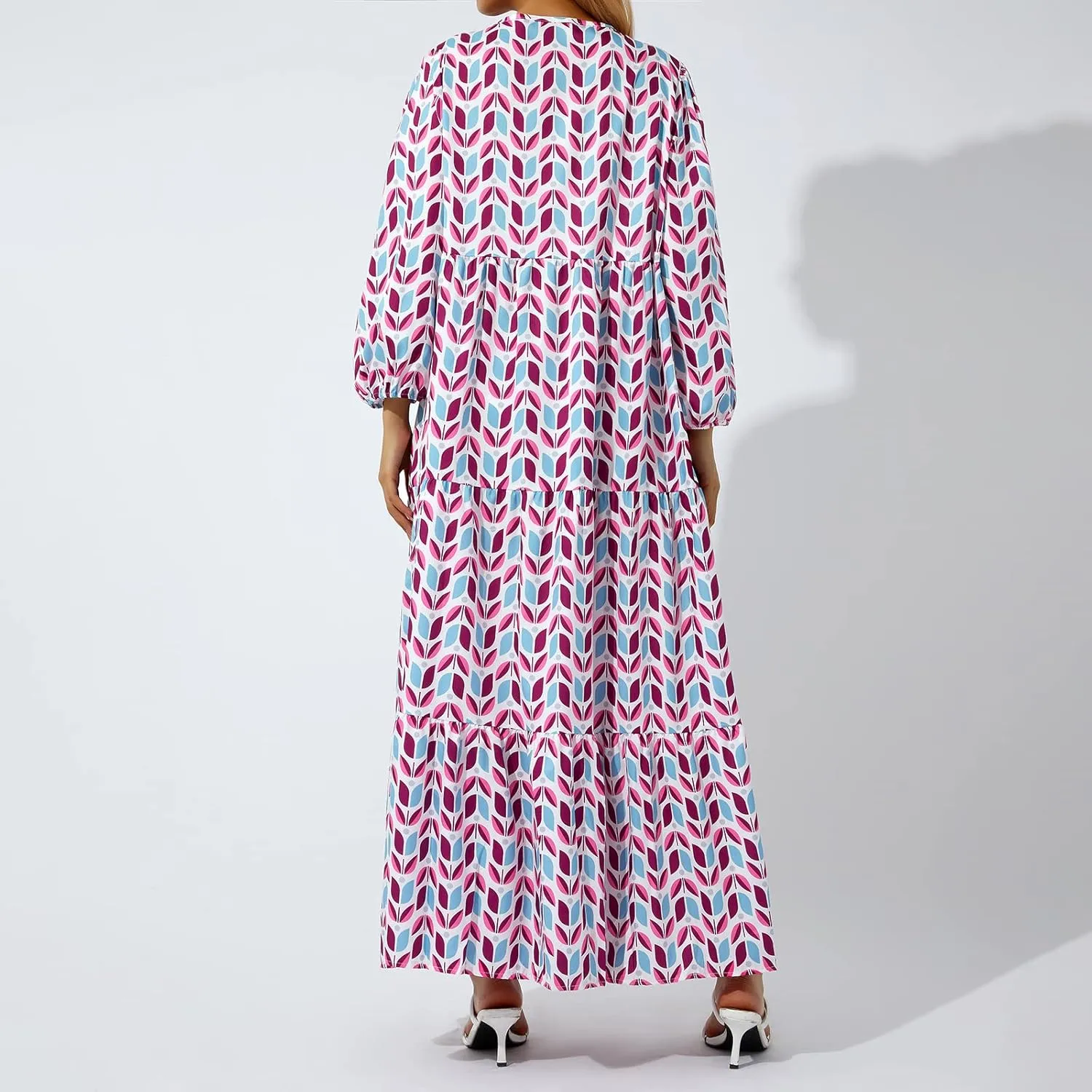 Women Boho Embroidery Maxi Dress Floral Flowy Tiered Long Dress with Puff Sleeve V Neck Swing Casual Sundress