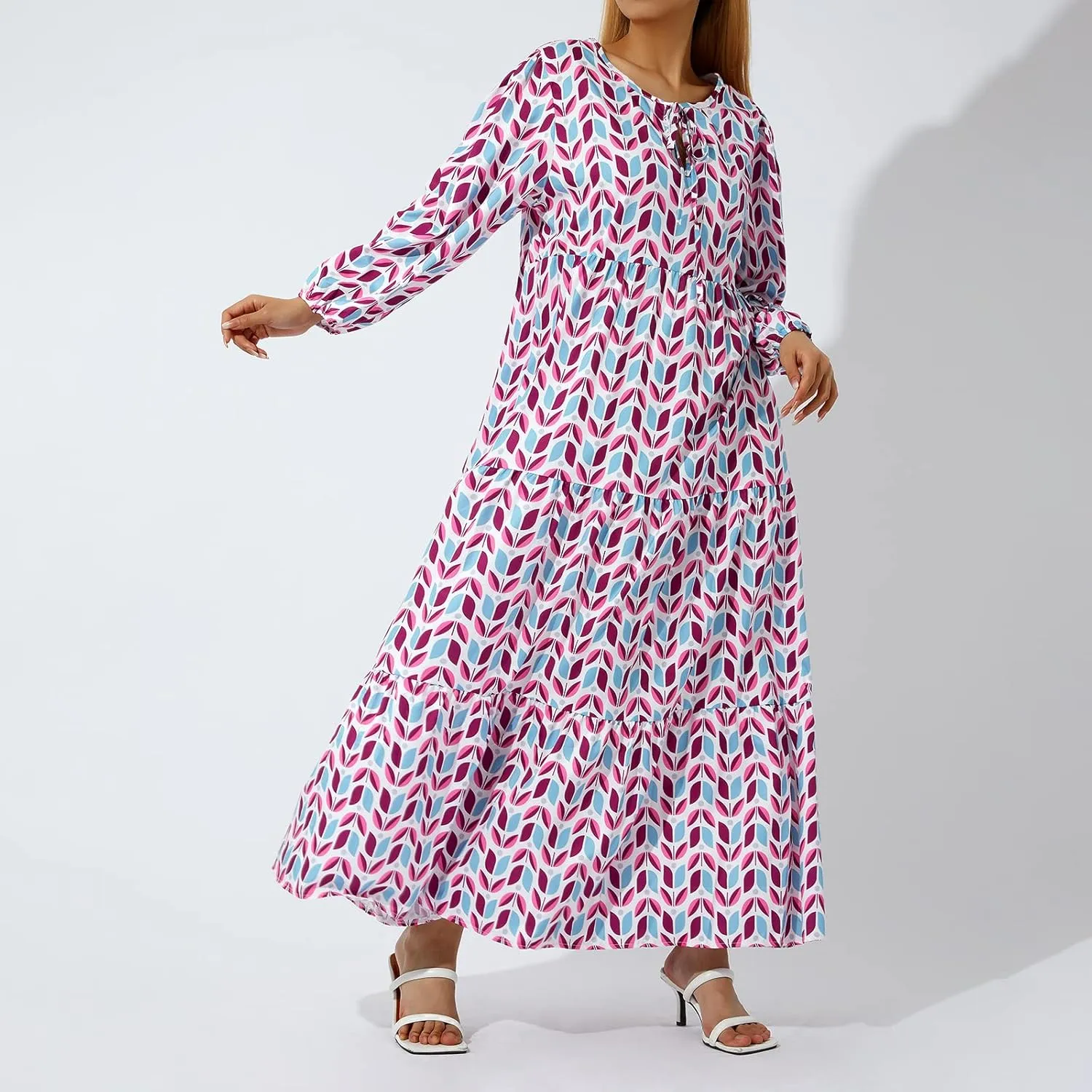 Women Boho Embroidery Maxi Dress Floral Flowy Tiered Long Dress with Puff Sleeve V Neck Swing Casual Sundress
