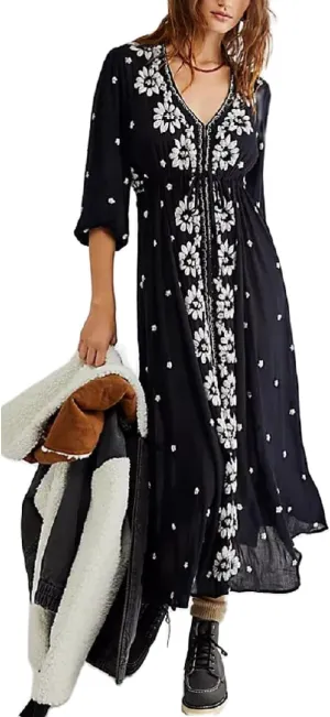 Women Boho Flowy Maxi Dress Floral Embroidered Puff Sleeve Long Dress Drawstring Deep V Neck Vacation Beach Sundress