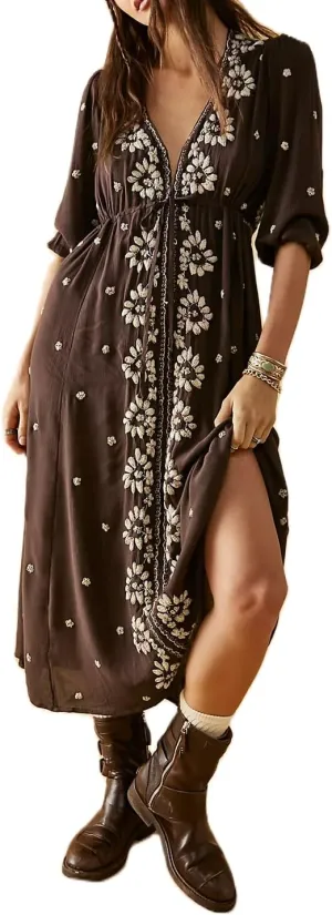 Women Boho Flowy Maxi Dress Floral Embroidered Puff Sleeve Long Dress Drawstring Deep V Neck Vacation Beach Sundress