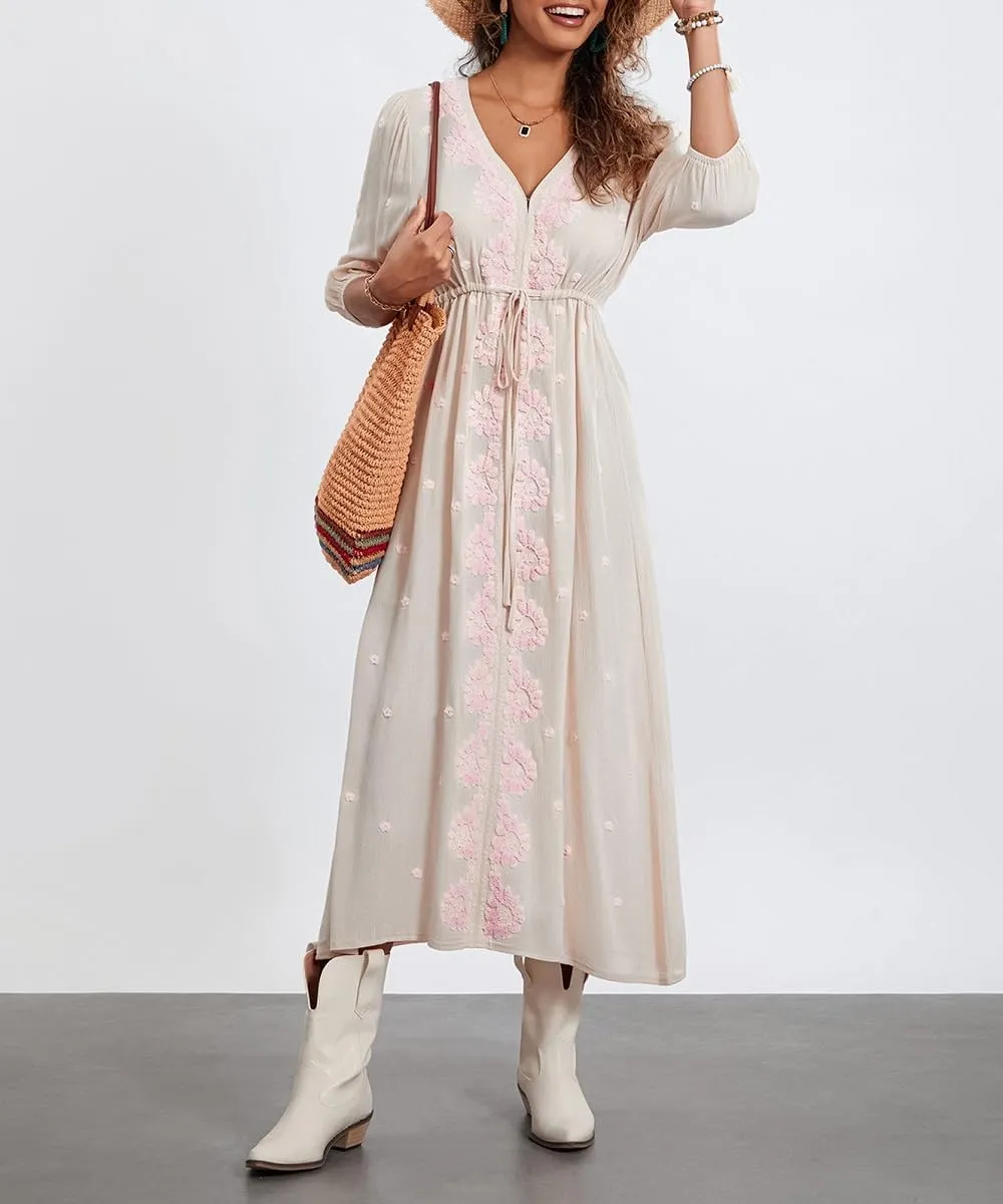 Women Boho Flowy Maxi Dress Floral Embroidered Puff Sleeve Long Dress Drawstring Deep V Neck Vacation Beach Sundress