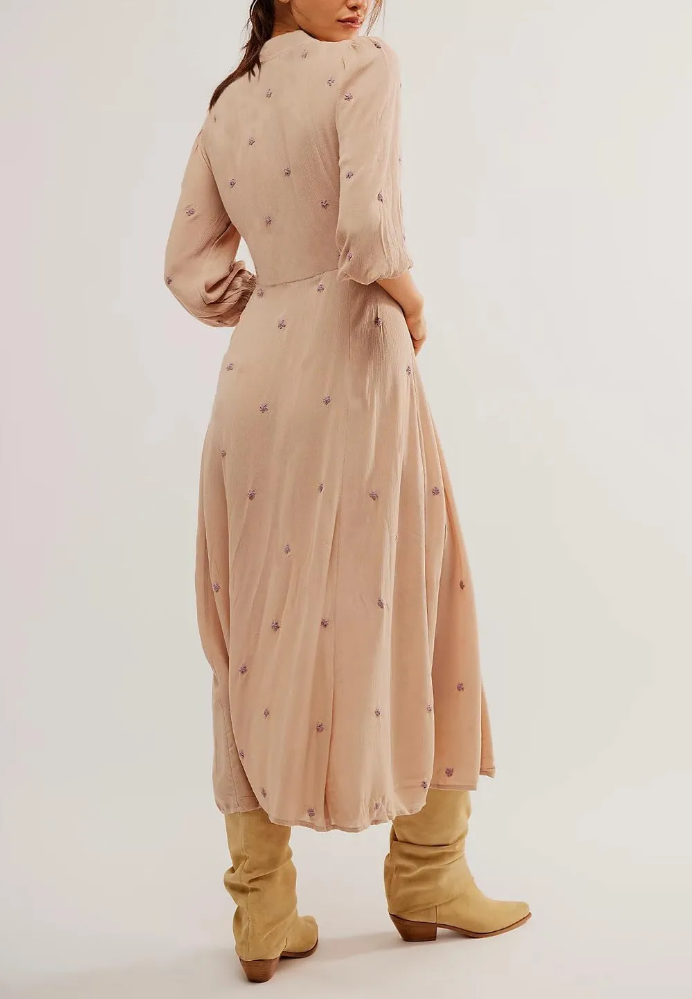 Women Boho Flowy Maxi Dress Floral Embroidered Puff Sleeve Long Dress Drawstring Deep V Neck Vacation Beach Sundress