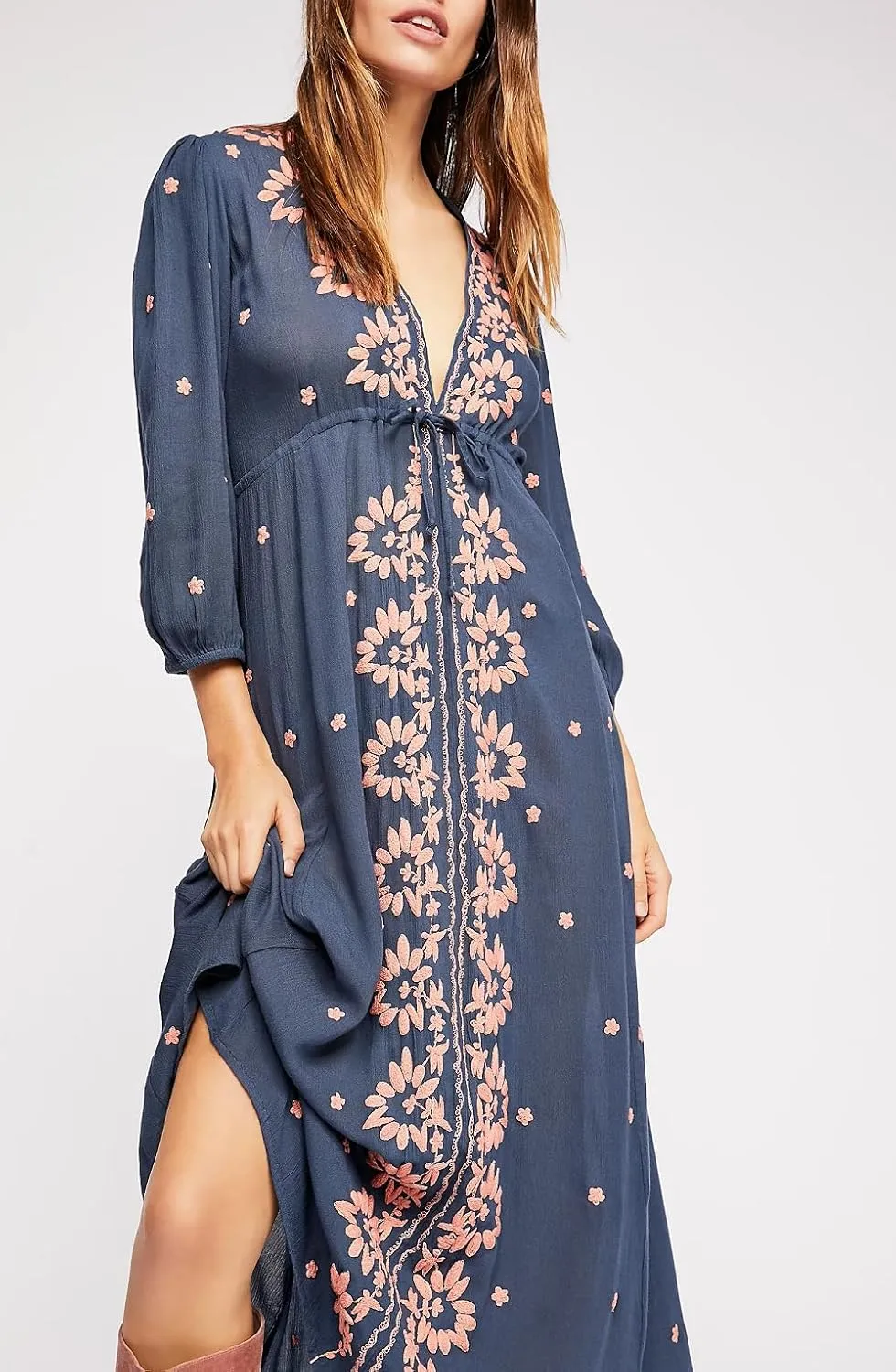 Women Boho Flowy Maxi Dress Floral Embroidered Puff Sleeve Long Dress Drawstring Deep V Neck Vacation Beach Sundress