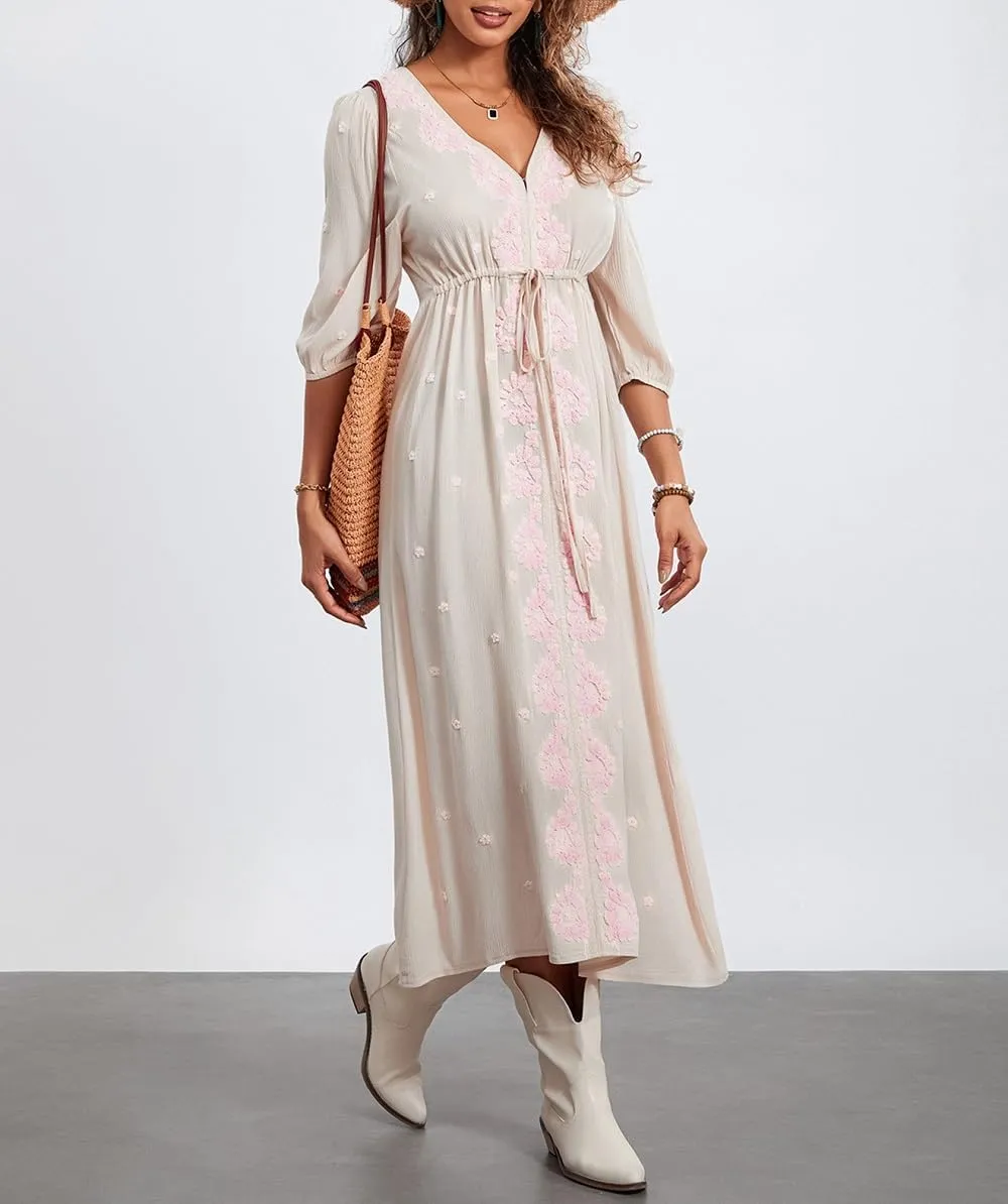 Women Boho Flowy Maxi Dress Floral Embroidered Puff Sleeve Long Dress Drawstring Deep V Neck Vacation Beach Sundress