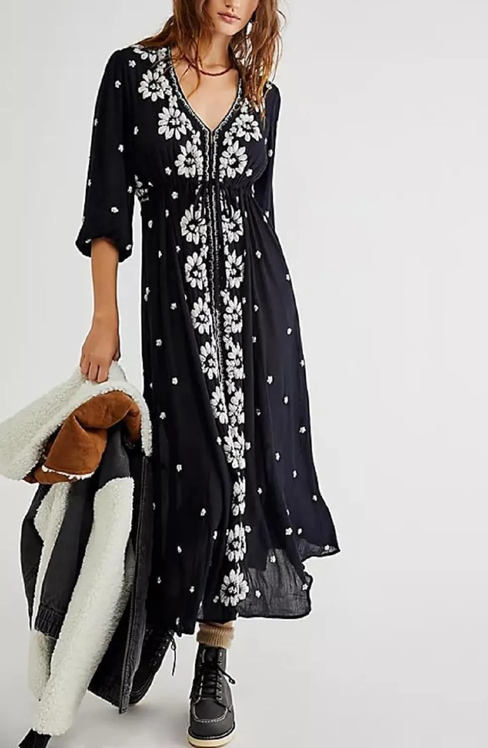 Women Boho Flowy Maxi Dress Floral Embroidered Puff Sleeve Long Dress Drawstring Deep V Neck Vacation Beach Sundress