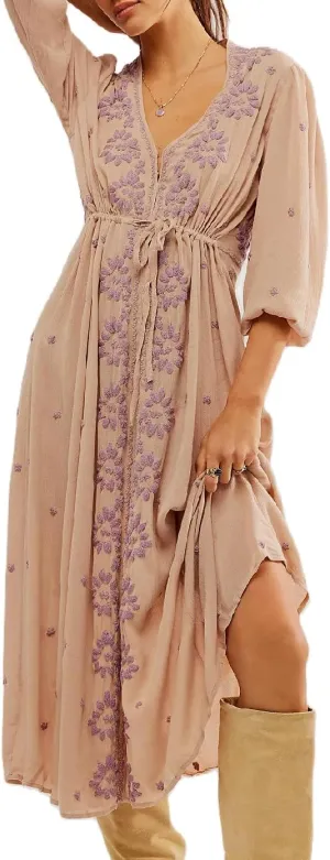 Women Boho Flowy Maxi Dress Floral Embroidered Puff Sleeve Long Dress Drawstring Deep V Neck Vacation Beach Sundress