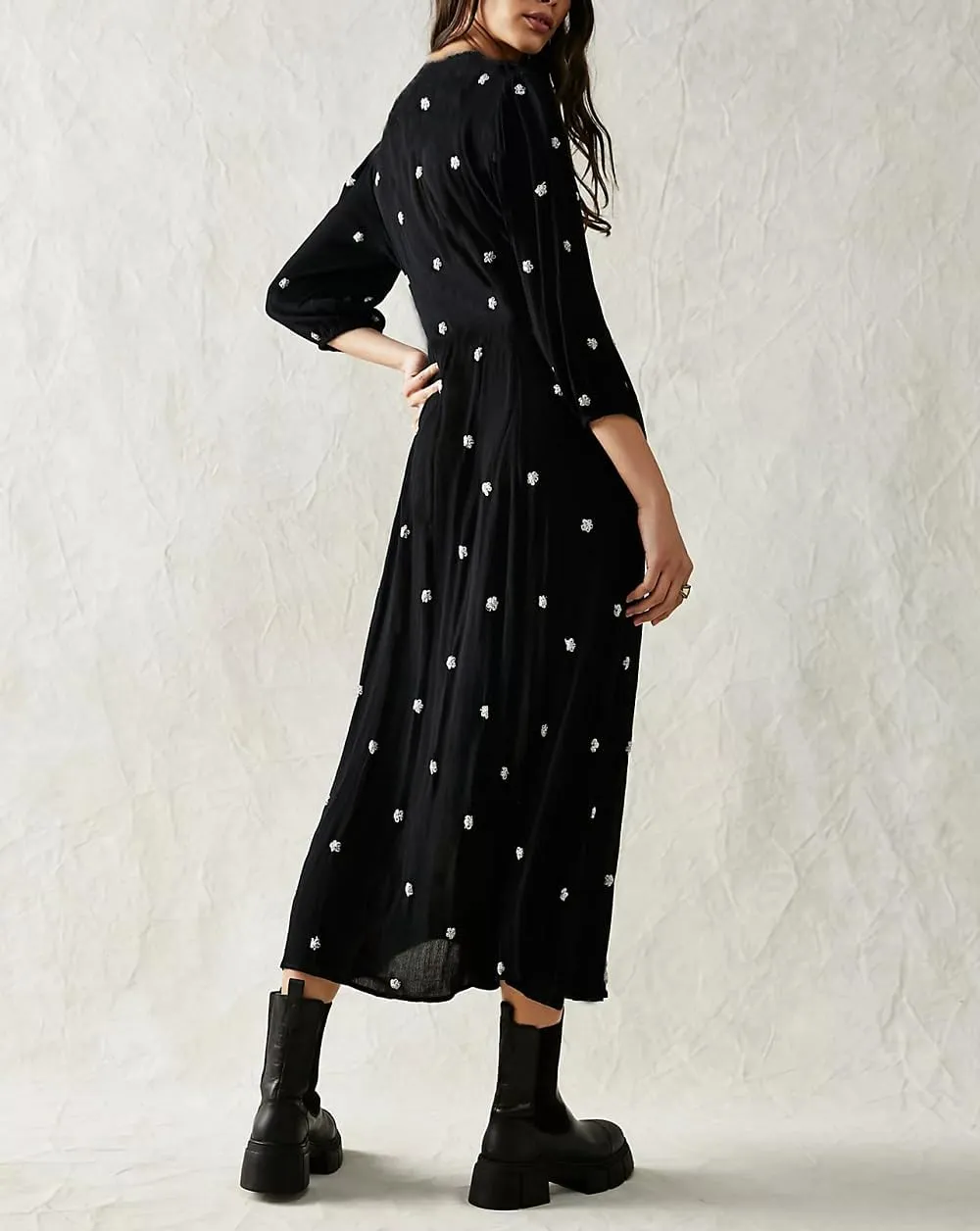 Women Boho Flowy Maxi Dress Floral Embroidered Puff Sleeve Long Dress Drawstring Deep V Neck Vacation Beach Sundress