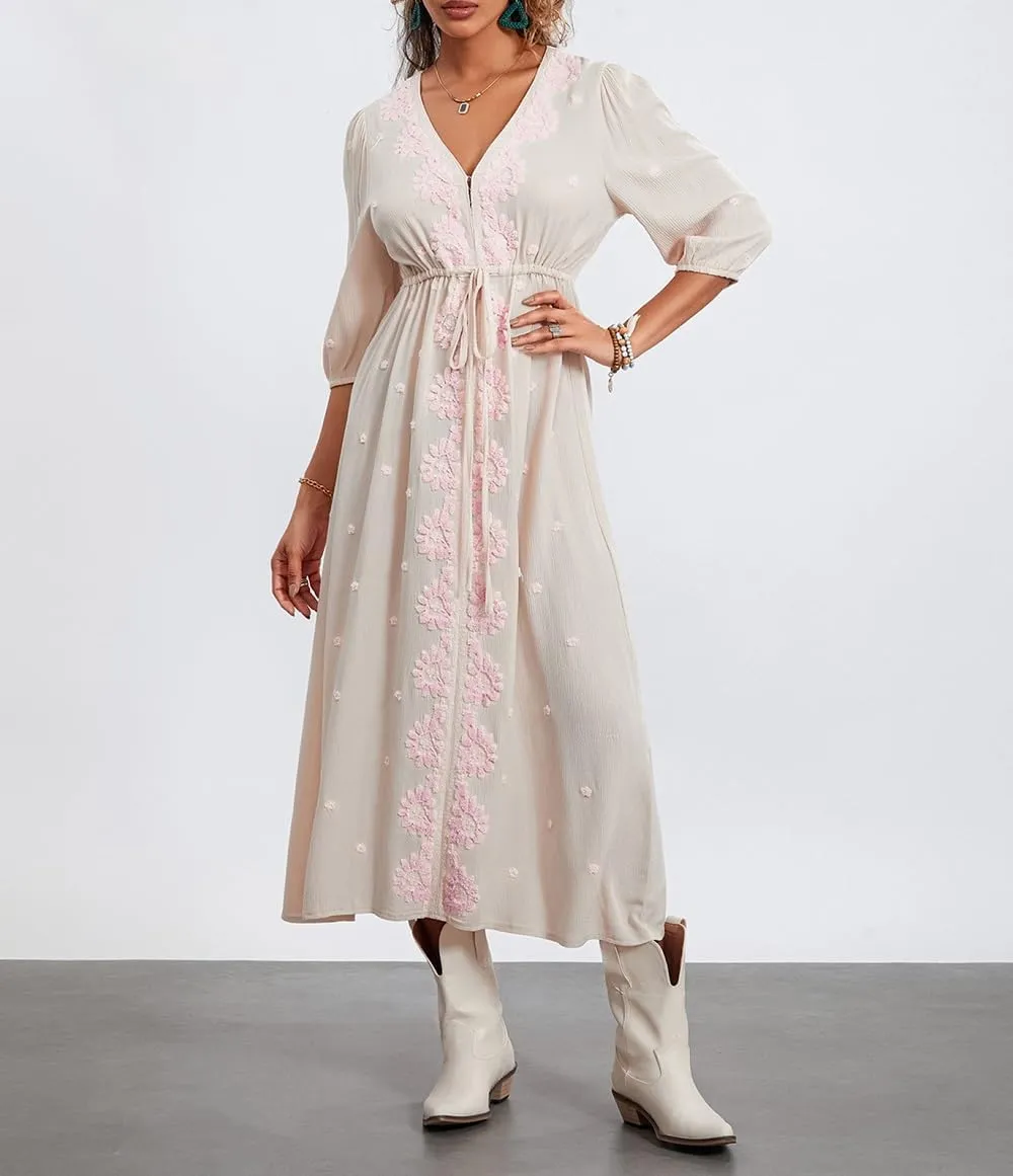 Women Boho Flowy Maxi Dress Floral Embroidered Puff Sleeve Long Dress Drawstring Deep V Neck Vacation Beach Sundress