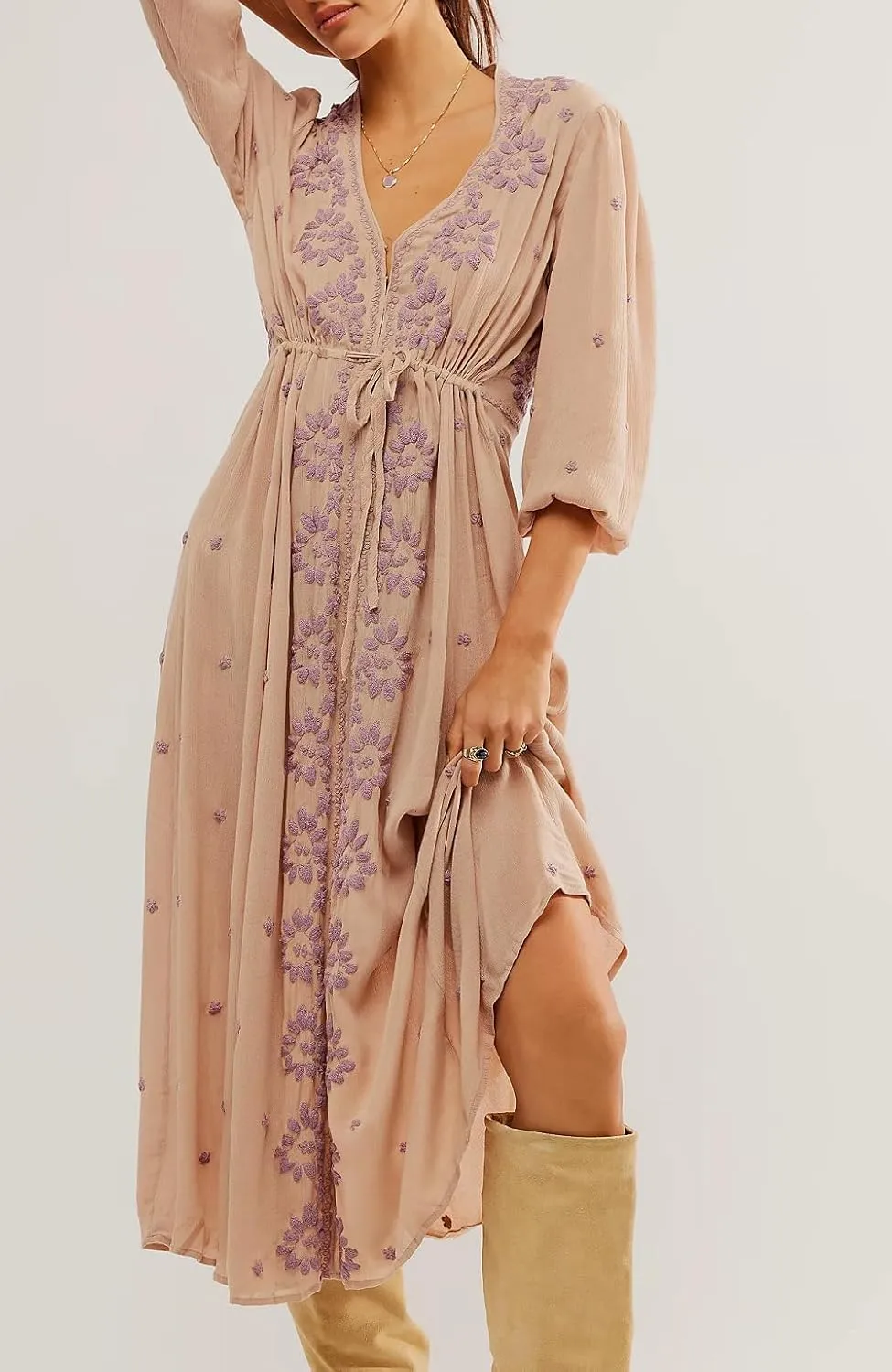 Women Boho Flowy Maxi Dress Floral Embroidered Puff Sleeve Long Dress Drawstring Deep V Neck Vacation Beach Sundress