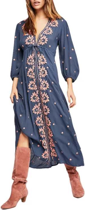 Women Boho Flowy Maxi Dress Floral Embroidered Puff Sleeve Long Dress Drawstring Deep V Neck Vacation Beach Sundress