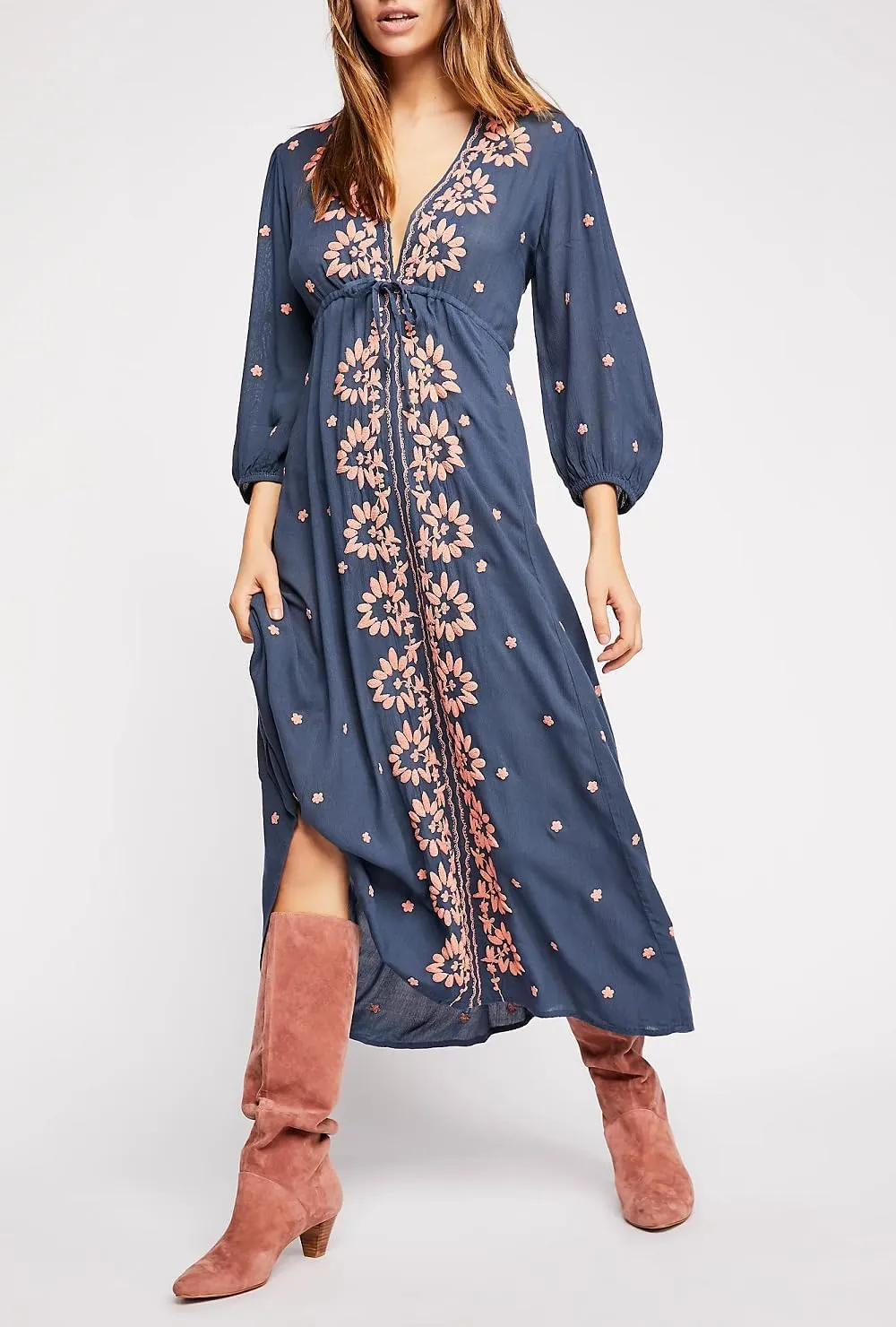Women Boho Flowy Maxi Dress Floral Embroidered Puff Sleeve Long Dress Drawstring Deep V Neck Vacation Beach Sundress
