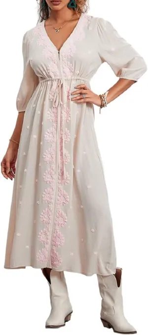 Women Boho Flowy Maxi Dress Floral Embroidered Puff Sleeve Long Dress Drawstring Deep V Neck Vacation Beach Sundress