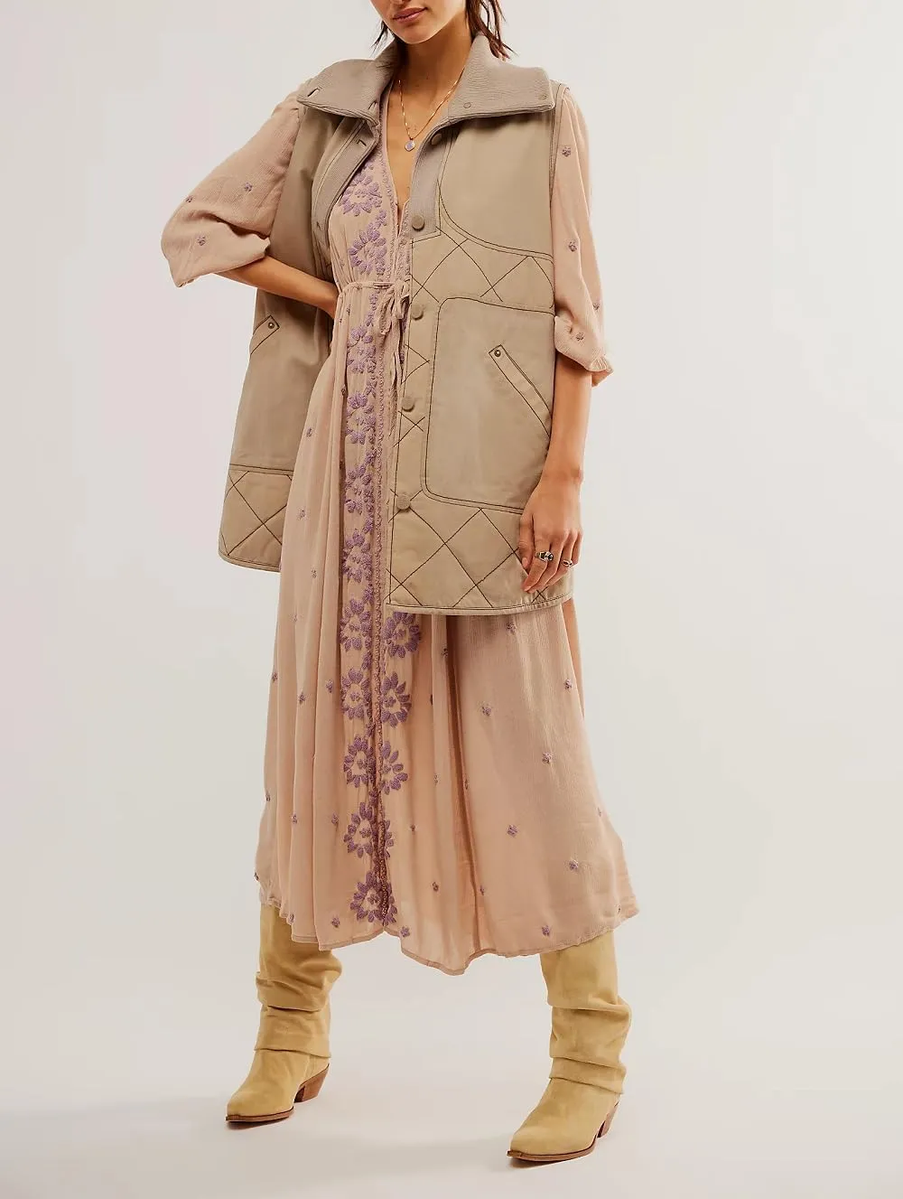 Women Boho Flowy Maxi Dress Floral Embroidered Puff Sleeve Long Dress Drawstring Deep V Neck Vacation Beach Sundress