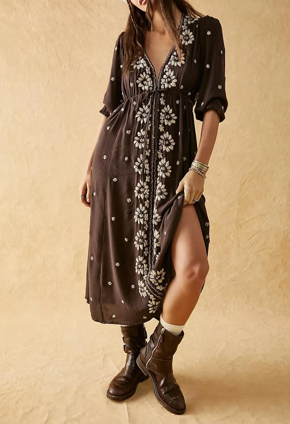 Women Boho Flowy Maxi Dress Floral Embroidered Puff Sleeve Long Dress Drawstring Deep V Neck Vacation Beach Sundress