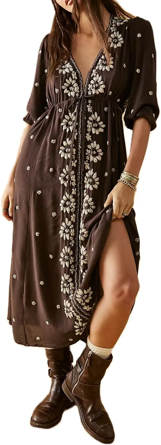 Women Boho Flowy Maxi Dress Floral Embroidered Puff Sleeve Long Dress Drawstring Deep V Neck Vacation Beach Sundress
