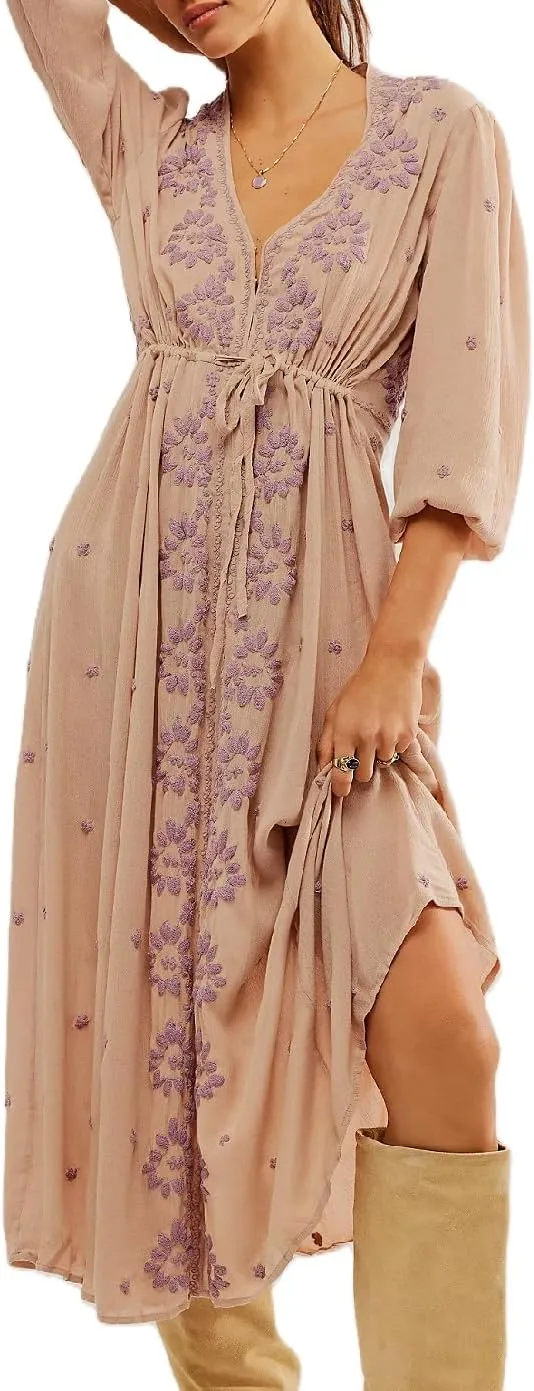 Women Boho Flowy Maxi Dress Floral Embroidered Puff Sleeve Long Dress Drawstring Deep V Neck Vacation Beach Sundress