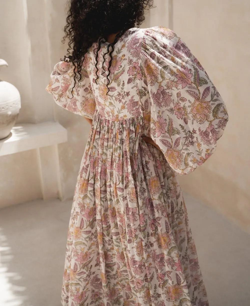 Women Boho Flowy Maxi Dress Floral Print Puff Sleeve Loose Dress Vintage Graphic Casual Swing A Line Beach Sundress