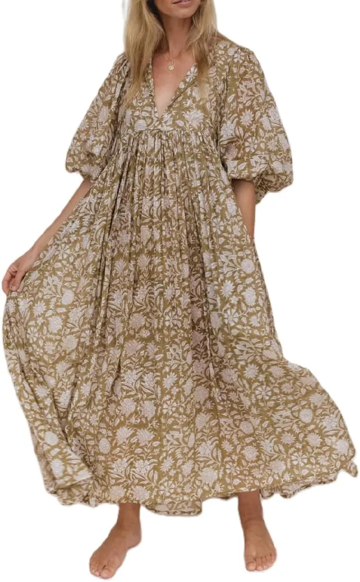 Women Boho Flowy Maxi Dress Floral Print Puff Sleeve Loose Dress Vintage Graphic Casual Swing A Line Beach Sundress