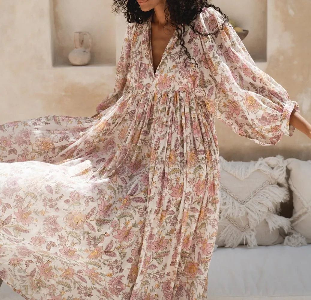 Women Boho Flowy Maxi Dress Floral Print Puff Sleeve Loose Dress Vintage Graphic Casual Swing A Line Beach Sundress