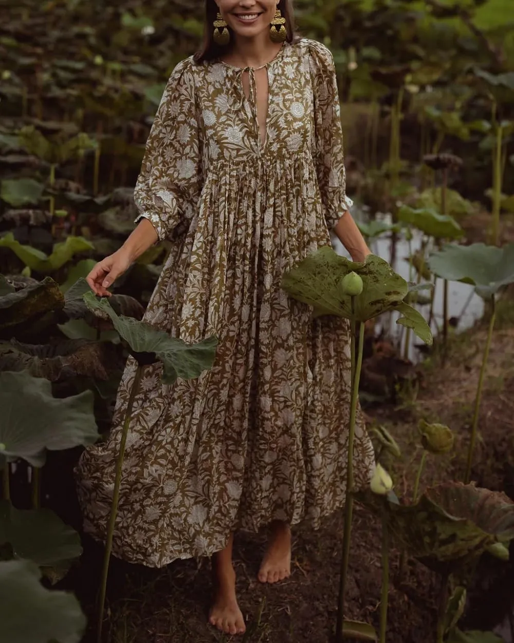 Women Boho Flowy Maxi Dress Floral Print Puff Sleeve Loose Dress Vintage Graphic Casual Swing A Line Beach Sundress