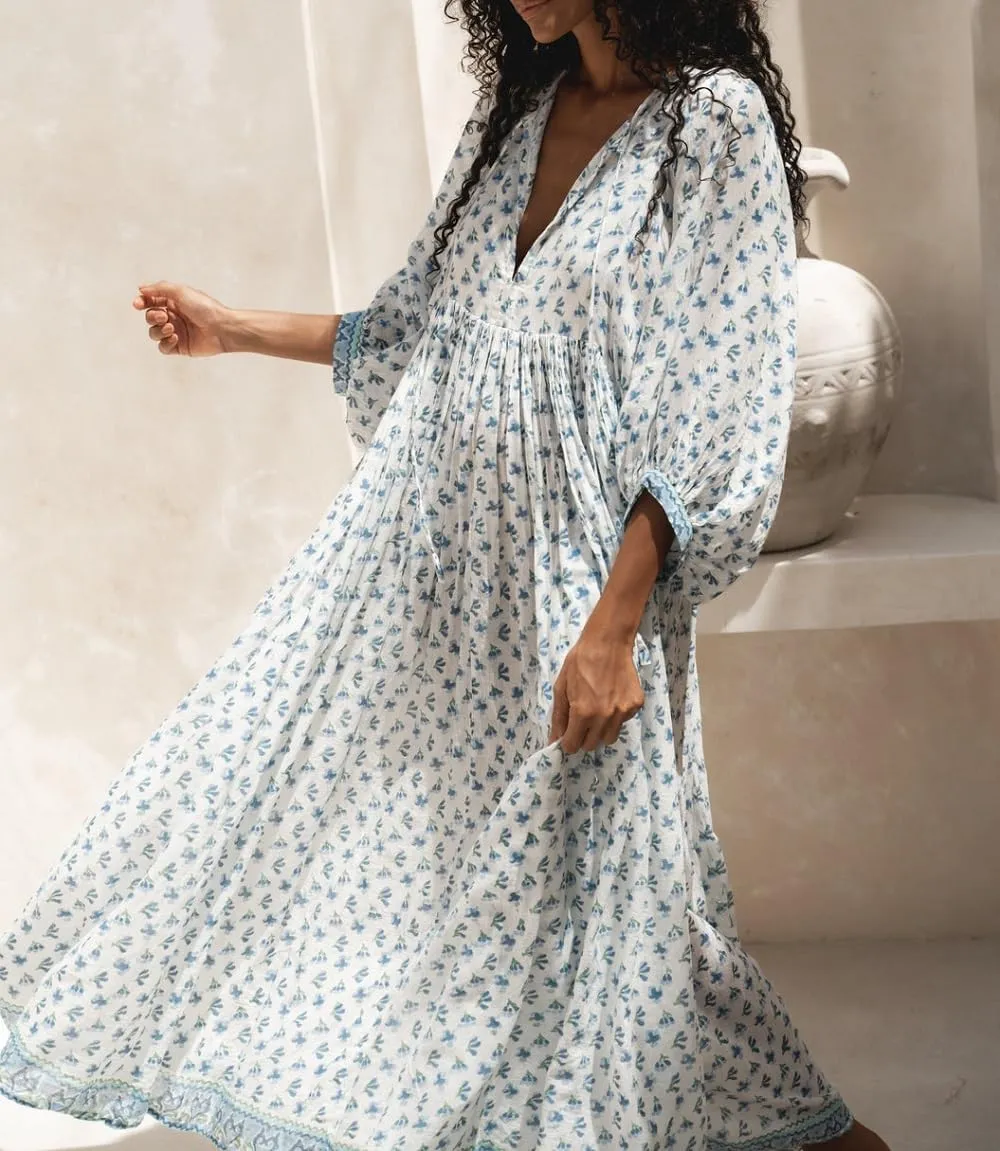 Women Boho Flowy Maxi Dress Floral Print Puff Sleeve Loose Dress Vintage Graphic Casual Swing A Line Beach Sundress